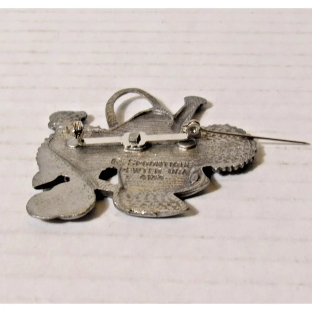Spoontiques Pewter Garden Brooch Watering Can Sunflowers Trowel USA 4188 Vintage